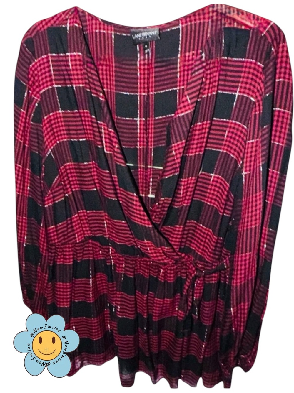 Lane Bryant ~ Long Sleeve Blouse ~ Red & Black & Silver Plaid ~ Faux Wrap Around